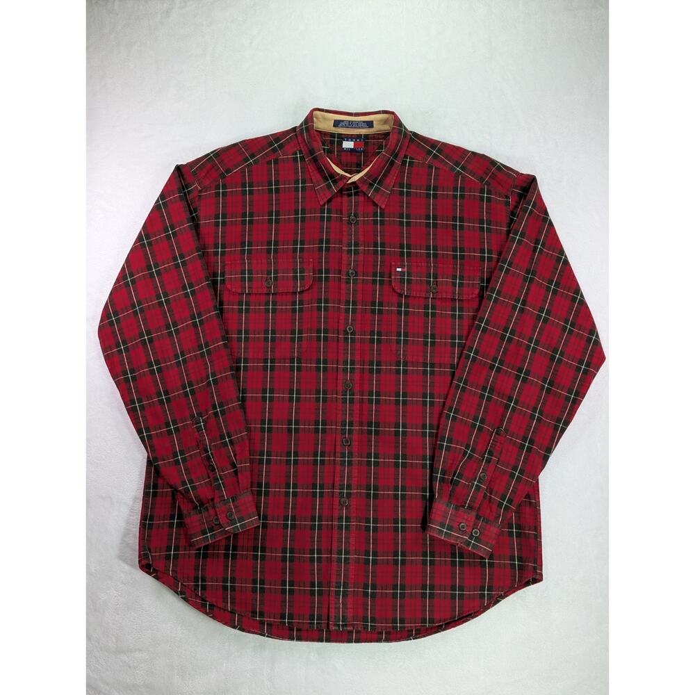 Tommy Hilfiger Men's XL 100% Cotton Red Plaid Flannel Shirt VTG 99